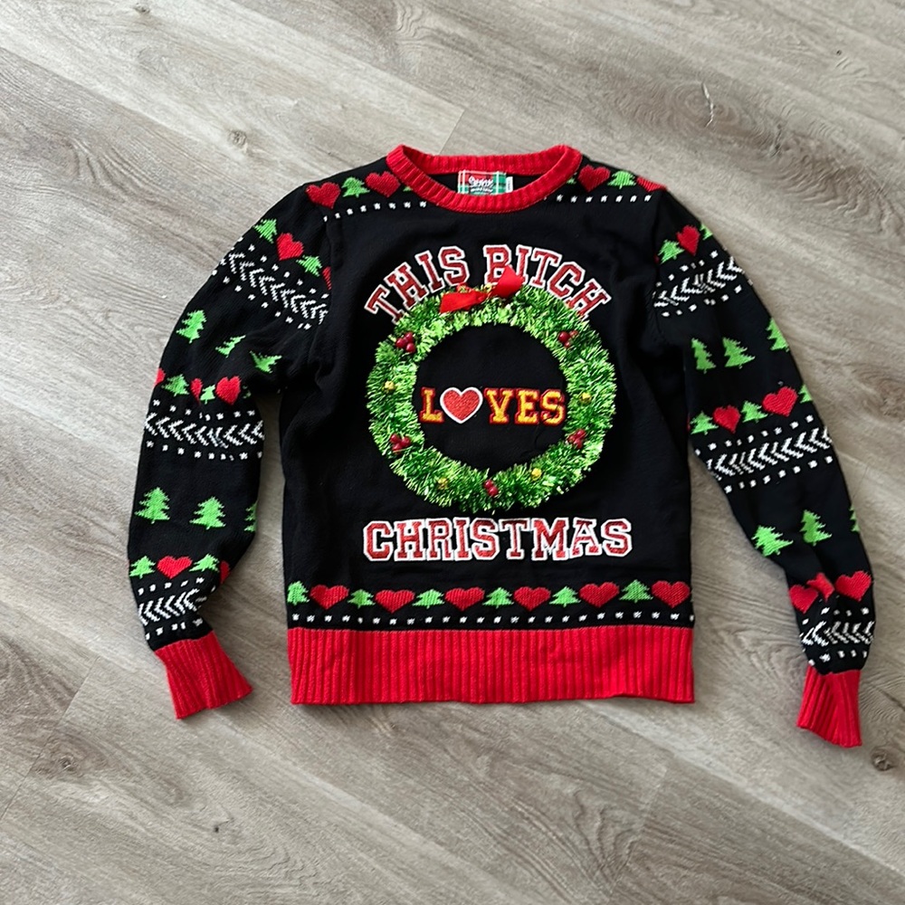 Light-Up This Bitch Loves Christmas Ugly Christmas Sweater WORN ONCE SMALL